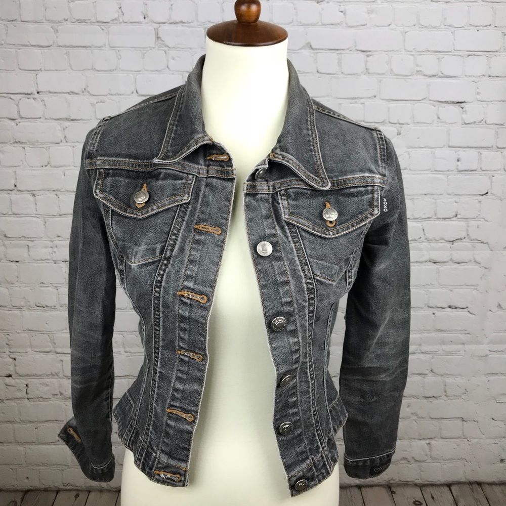 XOXO Denim Jacket Size Small Dark Grey Distressed
